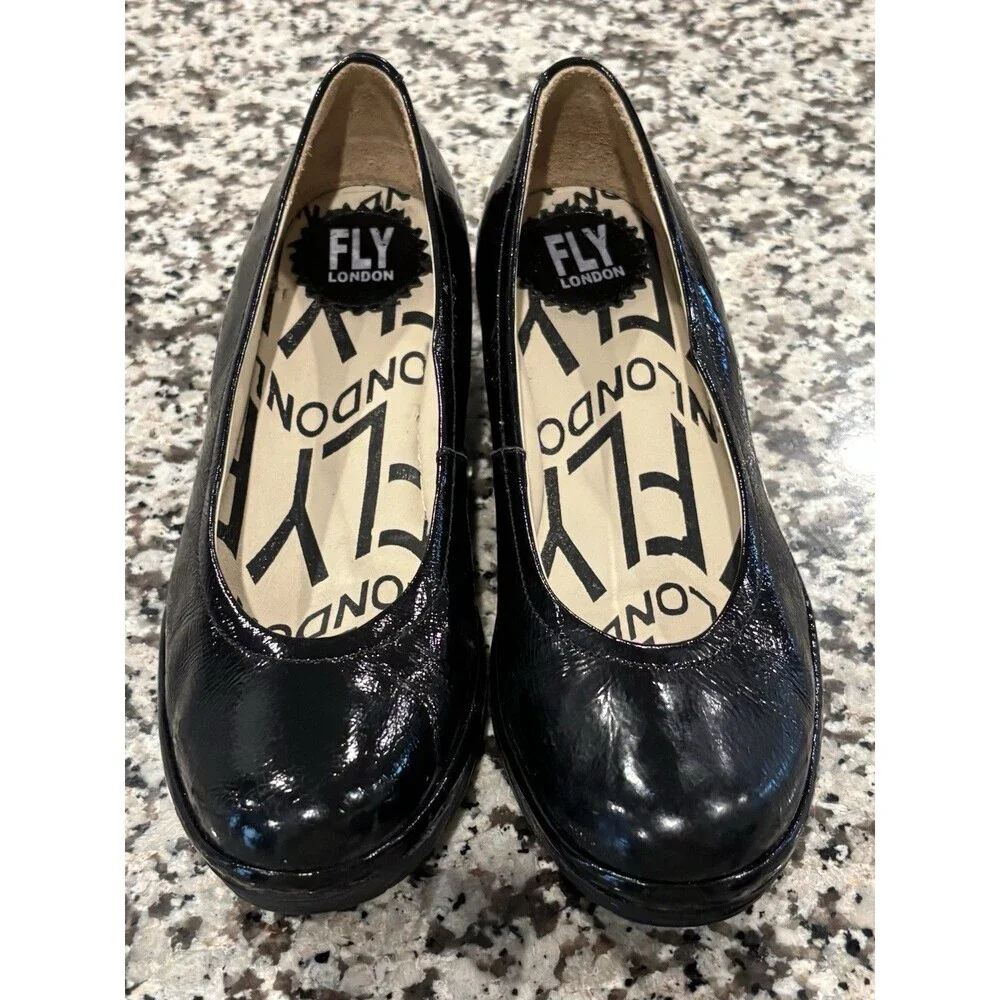Fly London Yoni Shoes Women’s EU 36 Black Patent Leather Wedge Heel‎ Slip On